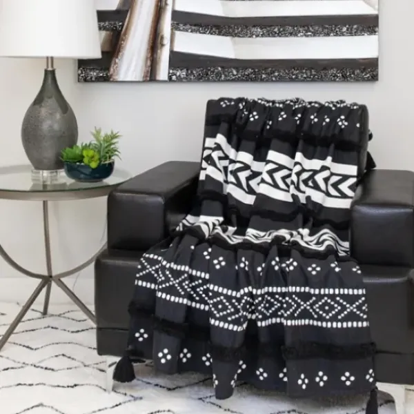 Blankets & Throws-Kirkland's Home Tribal Tufted Stripe Throw Black