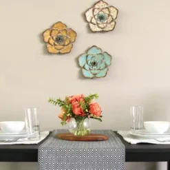 Wall Plaques-Kirkland's Home Tri-Colored Rustic Flower Wall Plaques, Set Of 3 Blue/White/Yellow