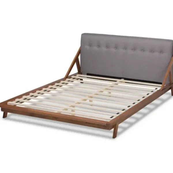Beds & Headboards-Kirkland's Home Tufted And Natural Walnut King Platform Bed Gray