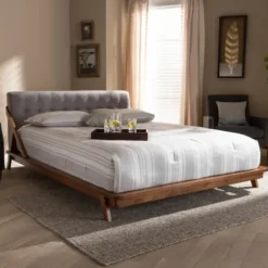 Beds & Headboards-Kirkland's Home Tufted And Natural Walnut King Platform Bed Gray