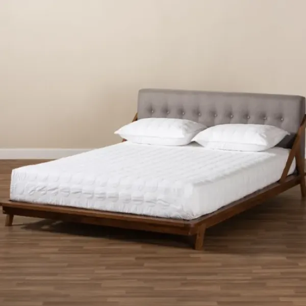 Beds & Headboards-Kirkland's Home Tufted And Natural Walnut King Platform Bed Gray