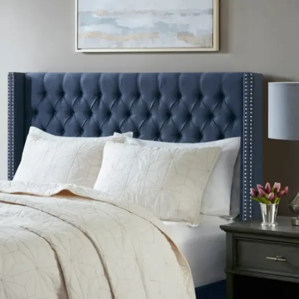 Beds & Headboards-Kirkland's Home Tufted Upholstered Metal Leg Queen Headboard Blue