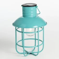 Outdoor Lighting-Kirkland's Home Turquoise Hanging Cage Solar Powered Lantern Blue