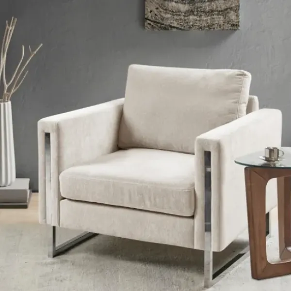 Accent Chairs-Kirkland's Home Upholstered And Chrome Accent Chair Ivory