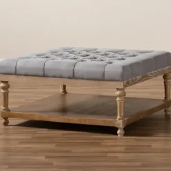 Benches & Ottomans-Kirkland's Home Upholstered Linen Tufted Ottoman With Shelf Gray