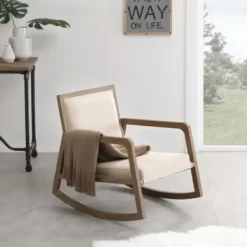 Accent Chairs-Kirkland's Home Upholstered Linen Wood Rocker Accent Chair Ivory