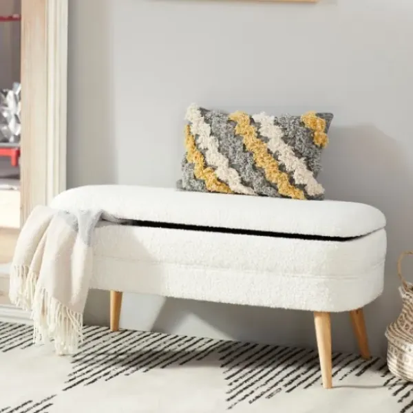 Benches & Ottomans-Kirkland's Home Upholstered Wood Leg Storage Bench Ivory