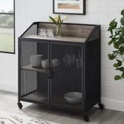 Cabinets & Sideboards-Kirkland's Home Urban Mesh Door Rolling Bar Cabinet Gray