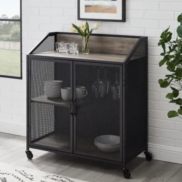 Cabinets & Sideboards-Kirkland's Home Urban Mesh Door Rolling Bar Cabinet Gray