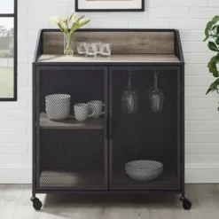 Cabinets & Sideboards-Kirkland's Home Urban Mesh Door Rolling Bar Cabinet Gray