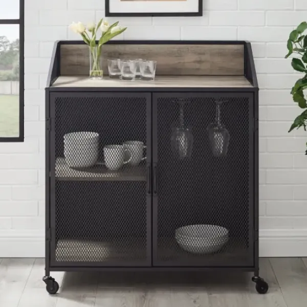 Cabinets & Sideboards-Kirkland's Home Urban Mesh Door Rolling Bar Cabinet Gray