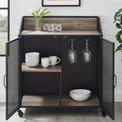 Cabinets & Sideboards-Kirkland's Home Urban Mesh Door Rolling Bar Cabinet Gray