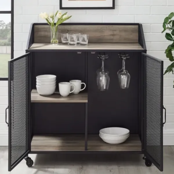 Cabinets & Sideboards-Kirkland's Home Urban Mesh Door Rolling Bar Cabinet Gray