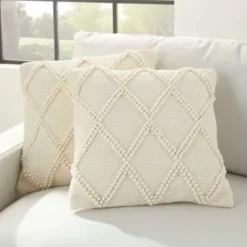 Pillows-Kirkland's Home Vanilla Knotted Lattice Throw Pillows, Set Of 2 Ivory