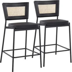 Bar Stools & Counter Height Stools-Kirkland's Home Vegan Leather And Rattan Counter Stools, Set Of 2 Black/Tan
