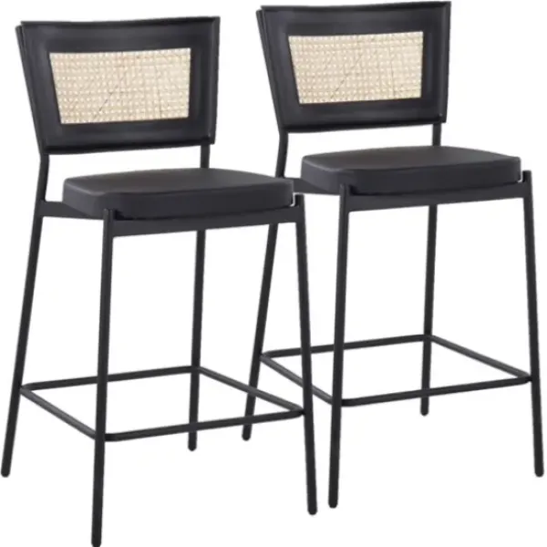 Bar Stools & Counter Height Stools-Kirkland's Home Vegan Leather And Rattan Counter Stools, Set Of 2 Black/Tan