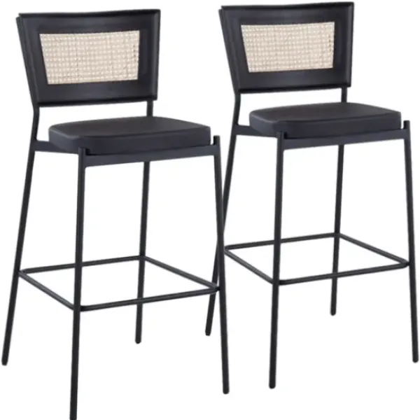 Bar Stools & Counter Height Stools-Kirkland's Home Vegan Leather And Rattan Bar Stools, Set Of 2 Black/Tan
