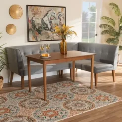 Dining Sets-Kirkland's Home Velvet And Walnut Bench 4-Pc. Dining Set Gray