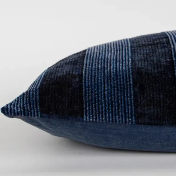 Pillows-Kirkland's Home Velvet Navy Monochrome Stripe Lumbar Pillow Blue