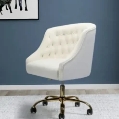 Office Furniture-Kirkland's Home Velvet Tufted Golden Leg Swivel Office Chair Ivory