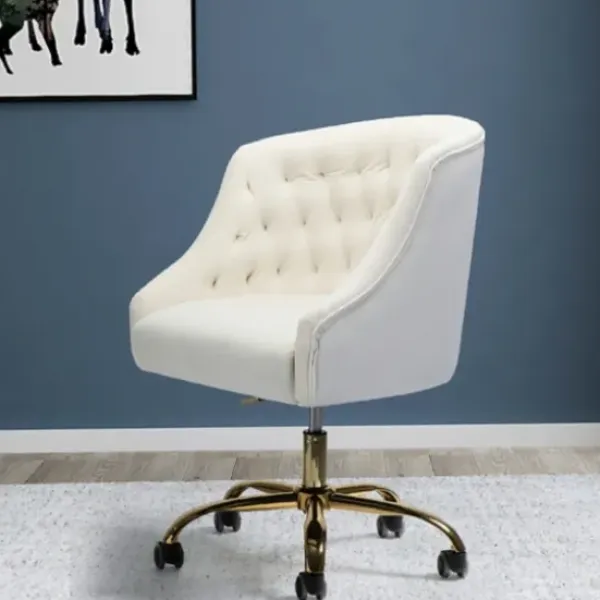 Office Furniture-Kirkland's Home Velvet Tufted Golden Leg Swivel Office Chair Ivory