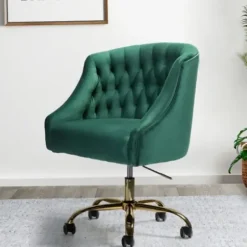 Office Furniture-Kirkland's Home Velvet Tufted Golden Leg Swivel Office Chair Green