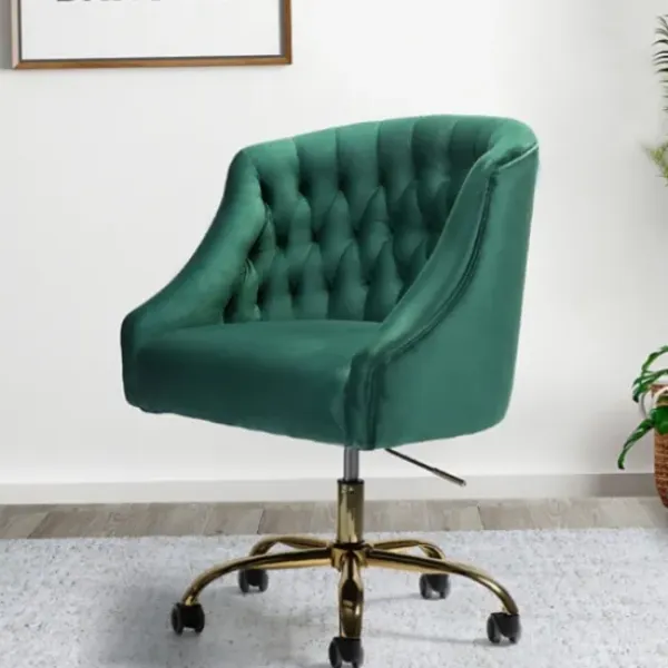Office Furniture-Kirkland's Home Velvet Tufted Golden Leg Swivel Office Chair Green
