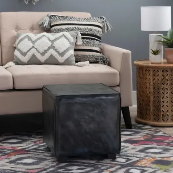 Benches & Ottomans-Kirkland's Home Vintage Finish Leather Cube Ottoman Gray