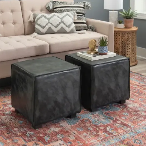 Benches & Ottomans-Kirkland's Home Vintage Finish Leather Cube Ottoman Gray