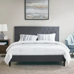 Beds & Headboards-Kirkland's Home Viv Charcoal Diamond Tufted Queen Bed Frame Gray