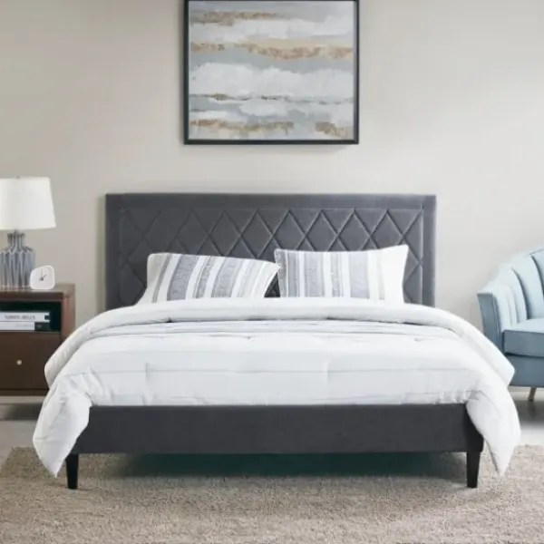 Beds & Headboards-Kirkland's Home Viv Charcoal Diamond Tufted Queen Bed Frame Gray