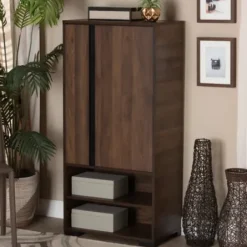 Entryway Furniture-Kirkland's Home Walnut Asymmetrical Shoe Storage Cabinet Brown
