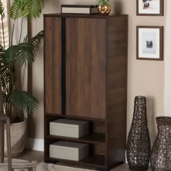 Entryway Furniture-Kirkland's Home Walnut Asymmetrical Shoe Storage Cabinet Brown