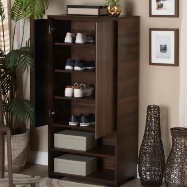 Entryway Furniture-Kirkland's Home Walnut Asymmetrical Shoe Storage Cabinet Brown