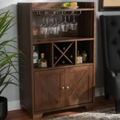 Cabinets & Sideboards-Kirkland's Home Walnut Brown Open Shelf Wine Cabinet
