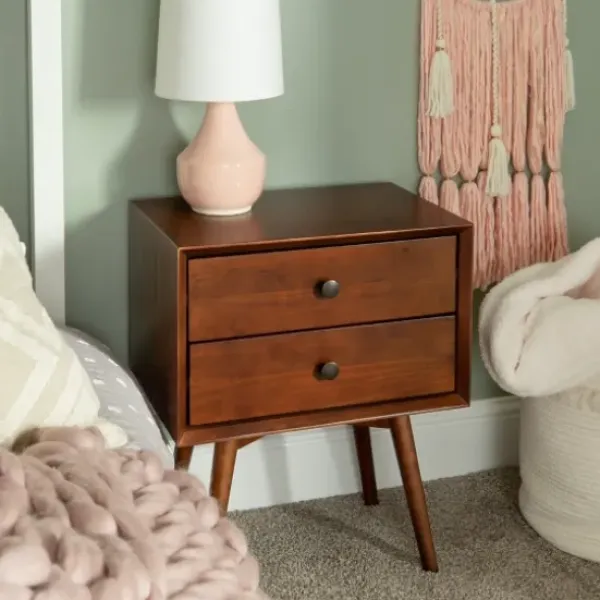 Nightstands-Kirkland's Home Walnut 2-Drawer Mid-Century Modern Nightstand Brown