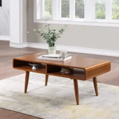 Coffee Tables-Kirkland's Home Walnut Mid-Century Modern Solid Wood Coffee Table Brown