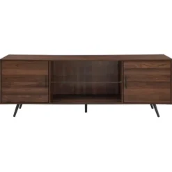 Tv Stands & Media Consoles-Kirkland's Home Walnut Mid-Century Modern Glass Shelf Tv Stand Brown