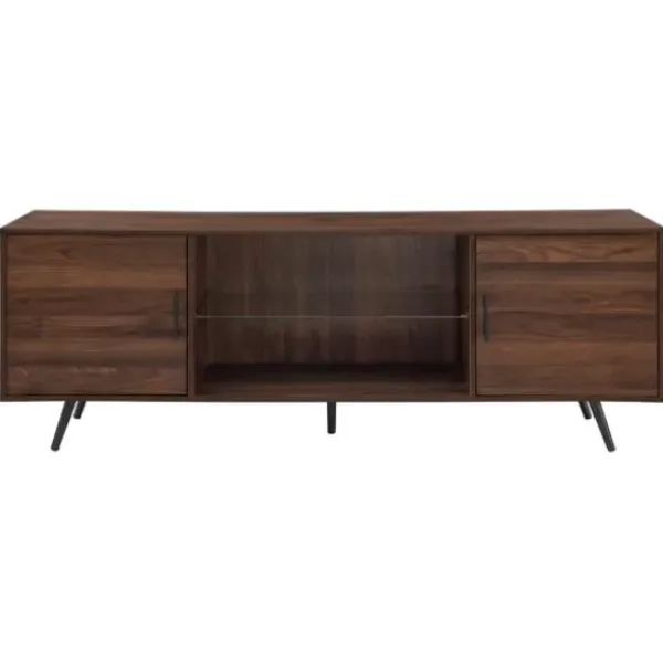Tv Stands & Media Consoles-Kirkland's Home Walnut Mid-Century Modern Glass Shelf Tv Stand Brown