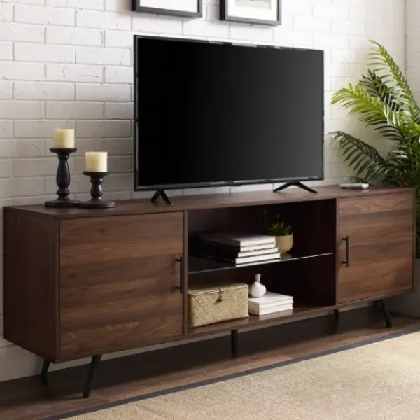 Tv Stands & Media Consoles-Kirkland's Home Walnut Mid-Century Modern Glass Shelf Tv Stand Brown