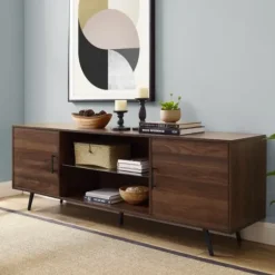 Tv Stands & Media Consoles-Kirkland's Home Walnut Mid-Century Modern Glass Shelf Tv Stand Brown