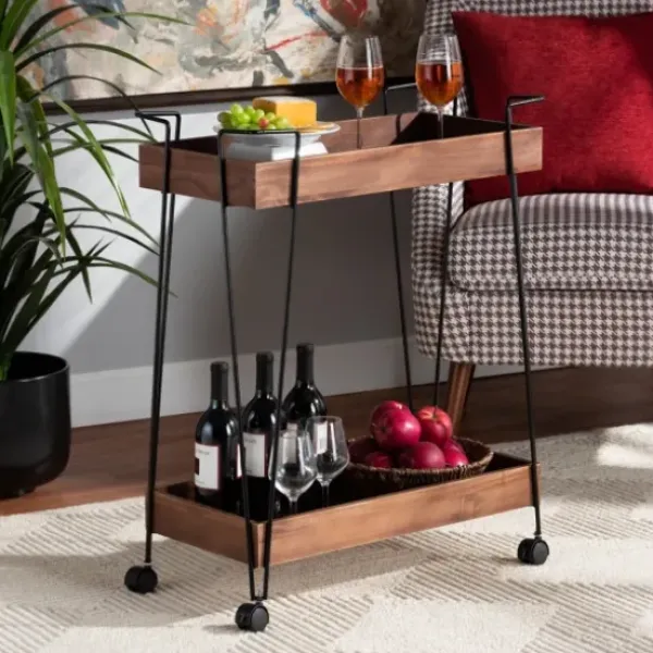 Kitchen Islands & Bar Carts-Kirkland's Home Walnut Paulownia 2-Tier Tray Bar Cart