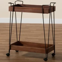 Kitchen Islands & Bar Carts-Kirkland's Home Walnut Paulownia 2-Tier Tray Bar Cart