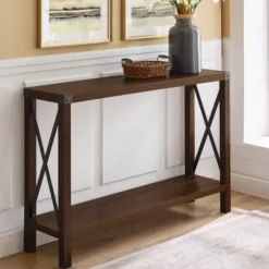 Console Tables-Kirkland's Home Walnut Rustic Farmhouse X-Frame Console Table Brown