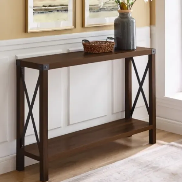 Console Tables-Kirkland's Home Walnut Rustic Farmhouse X-Frame Console Table Brown