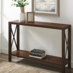 Console Tables-Kirkland's Home Walnut Rustic Farmhouse X-Frame Console Table Brown