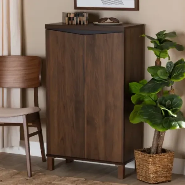 Entryway Furniture-Kirkland's Home Walnut Slim Shoe Storage Cabinet Brown