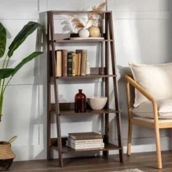 Bookshelves-Kirkland's Home Walnut 4-Tier Ladder Bookshelf Brown