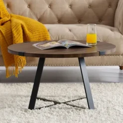 Coffee Tables-Kirkland's Home Walnut Urban Rustic Round Coffee Table Brown