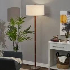 Floor Lamps-Kirkland's Home Walnut Wood And Silver Floor Lamp, 66 In. White